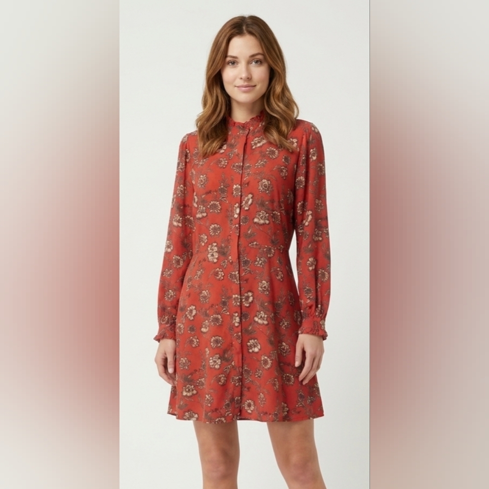 LOFT Multicolor Floral Long-Sleeve Button-Front Dress Size 8